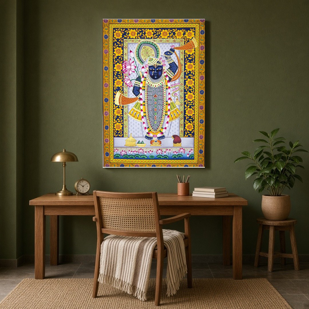 Celebrate the divine presence of Shrinathji with this exquisite Pichwai artwork, adorned with for Study