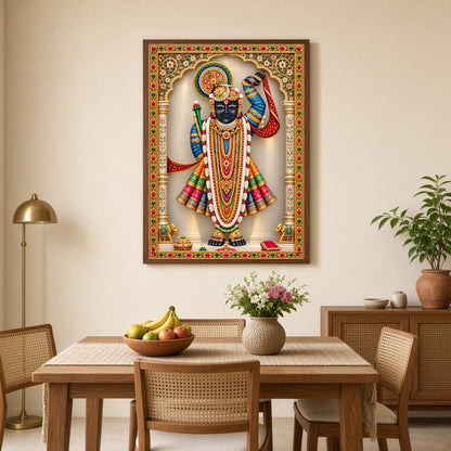 Celebrate the divine presence of Shrinathji in this exquisite Pichwai art. The image captures the for Dining