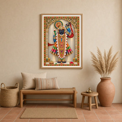 Celebrate the divine presence of Shrinathji in this exquisite Pichwai art. The image captures the for Entrance