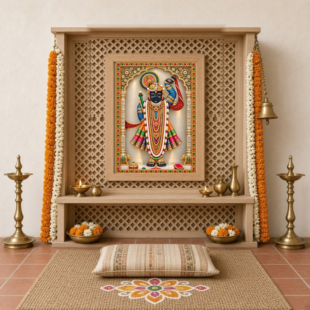 Celebrate the divine presence of Shrinathji in this exquisite Pichwai art. The image captures the for Home Temple