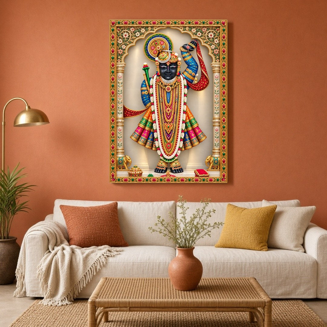 Celebrate the divine presence of Shrinathji in this exquisite Pichwai art. The image captures the for Living Room