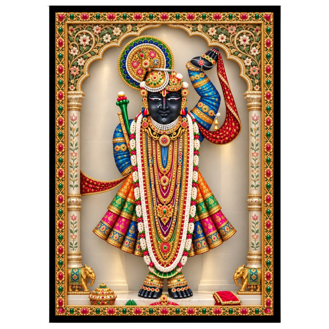 Celebrate the divine presence of Shrinathji in this exquisite Pichwai art. The image captures the for retreat