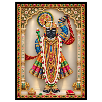 Celebrate the divine presence of Shrinathji in this exquisite Pichwai art. The image captures the for retreat