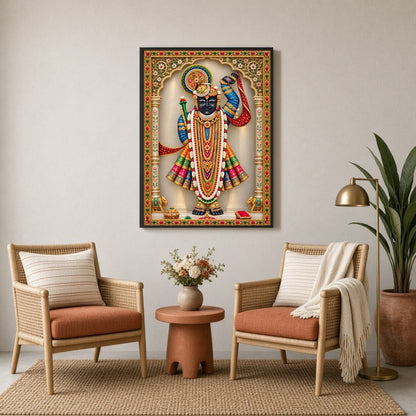 Celebrate the divine presence of Shrinathji in this exquisite Pichwai art. The image captures the for Sitting Lounge