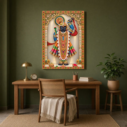 Celebrate the divine presence of Shrinathji in this exquisite Pichwai art. The image captures the for Study