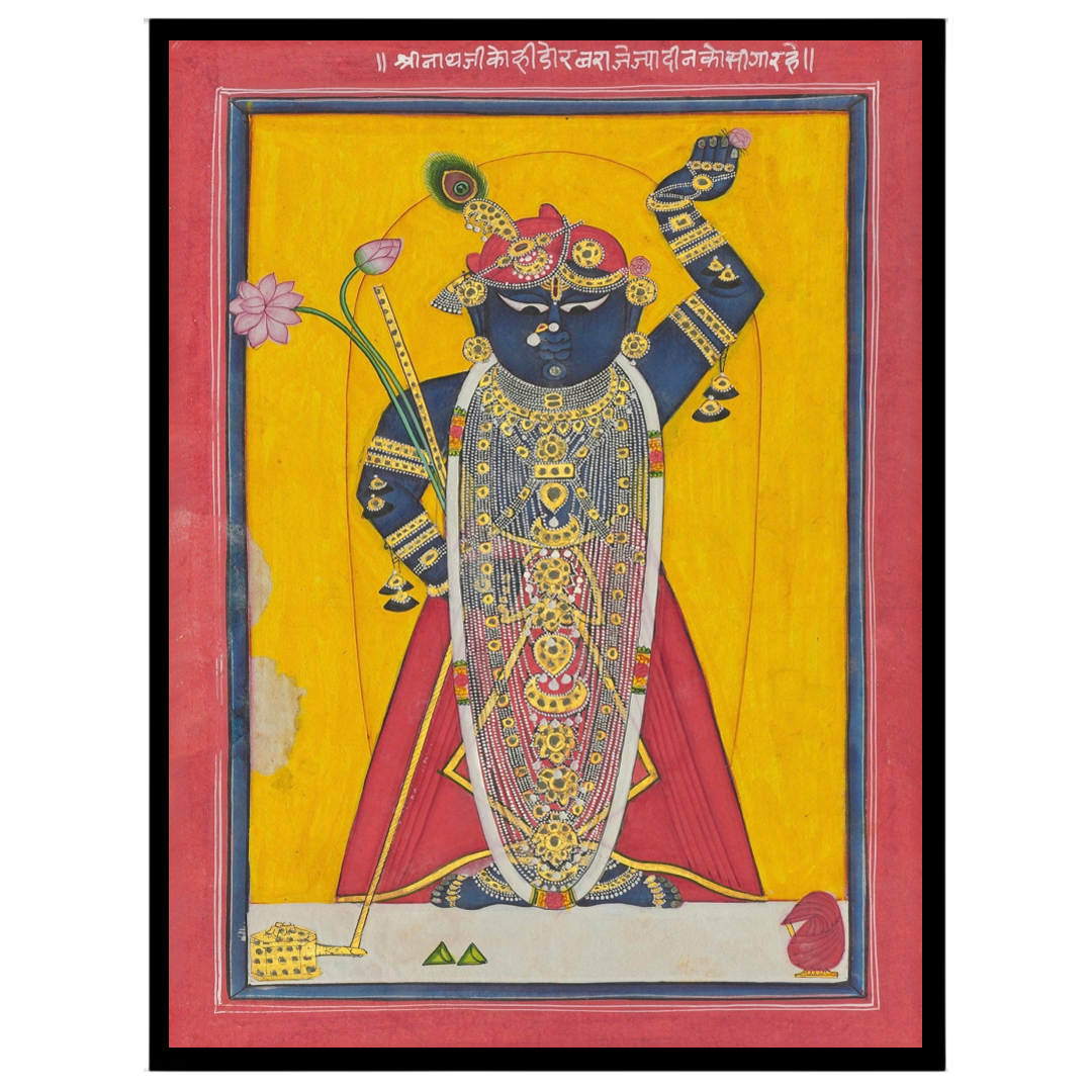 Celebrate the divine presence of Shrinathji with this striking Pichwai artwork, beautifully for bedroom