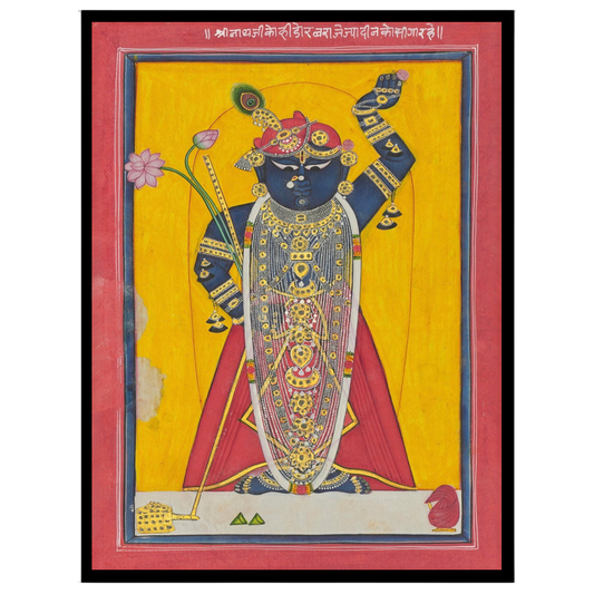 Celebrate the divine presence of Shrinathji with this striking Pichwai artwork, beautifully for bedroom