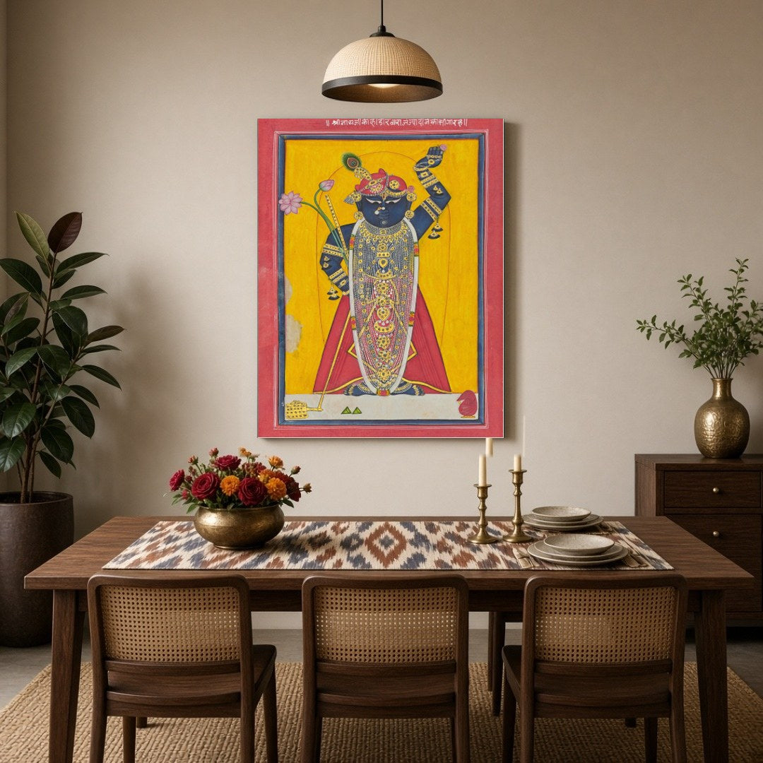Celebrate the divine presence of Shrinathji with this striking Pichwai artwork, beautifully for Dining