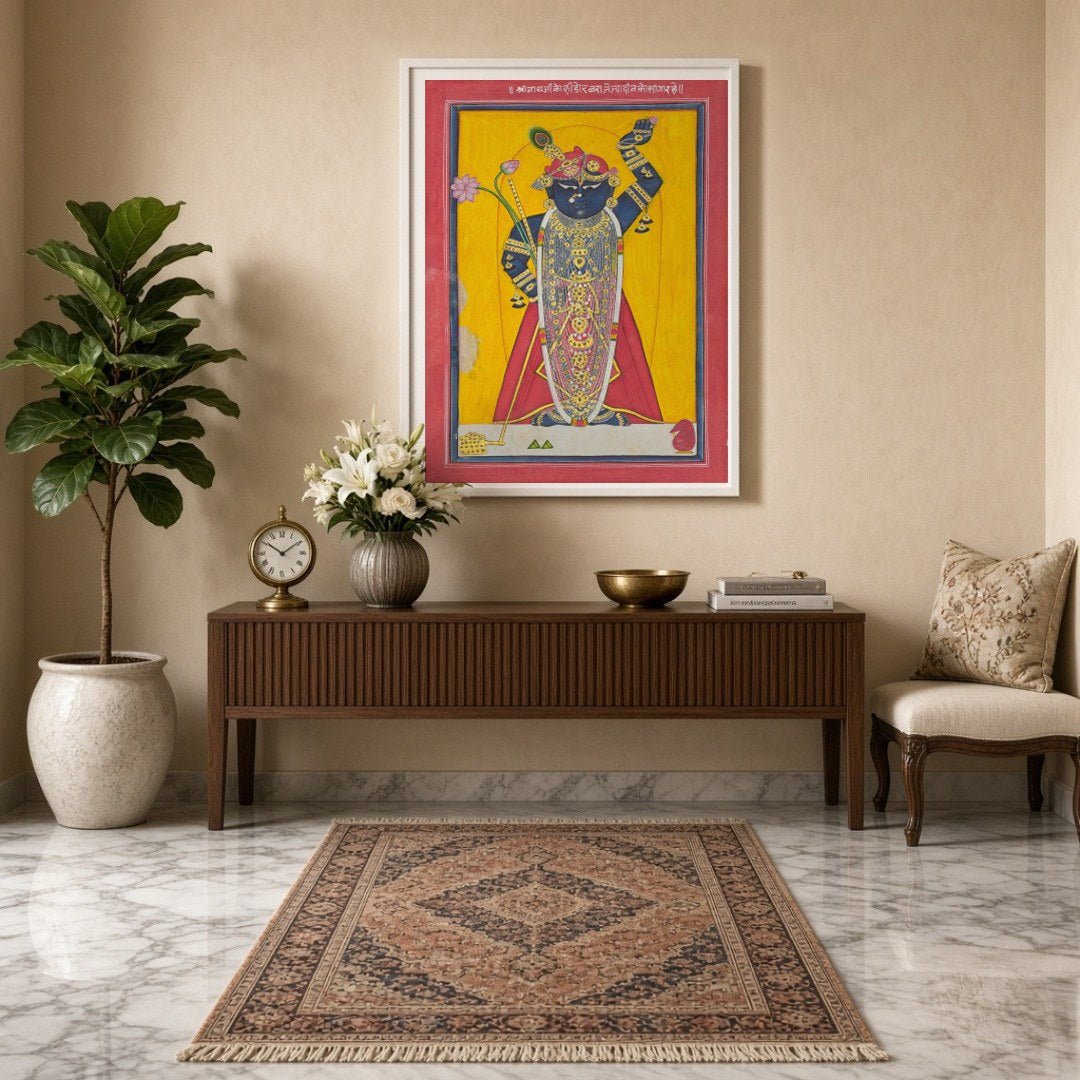 Celebrate the divine presence of Shrinathji with this striking Pichwai artwork, beautifully for Entrance