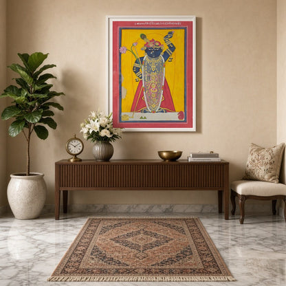 Celebrate the divine presence of Shrinathji with this striking Pichwai artwork, beautifully for Entrance