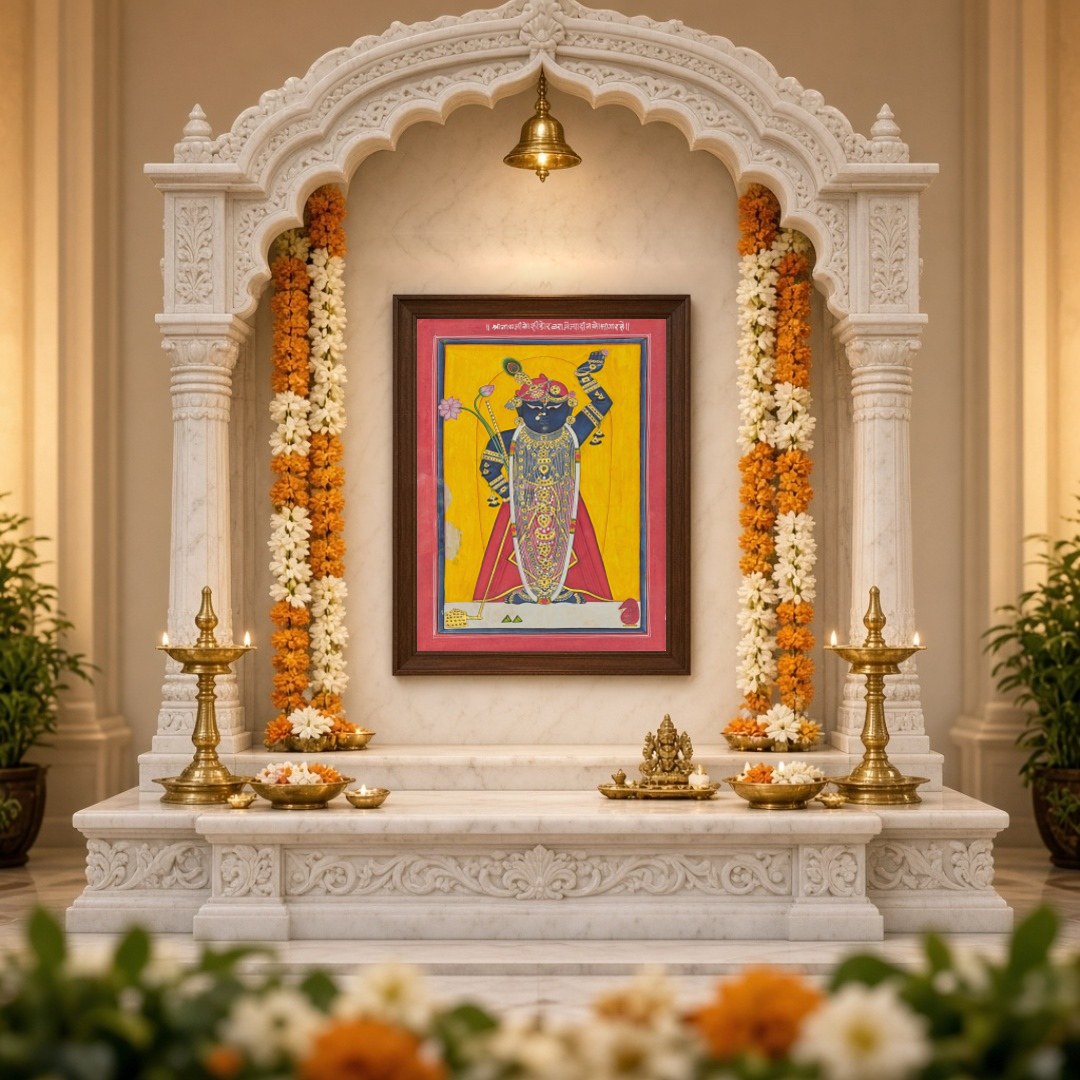 Celebrate the divine presence of Shrinathji with this striking Pichwai artwork, beautifully for Home Temple