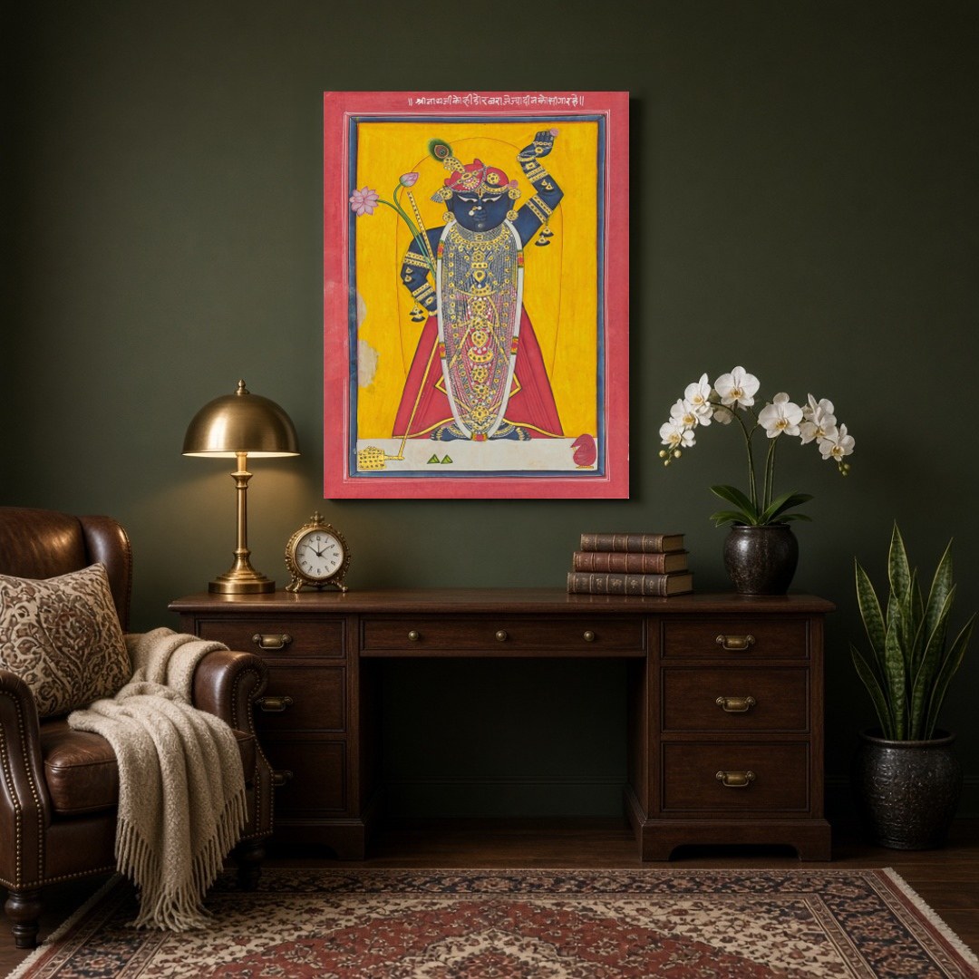 Celebrate the divine presence of Shrinathji with this striking Pichwai artwork, beautifully for Study