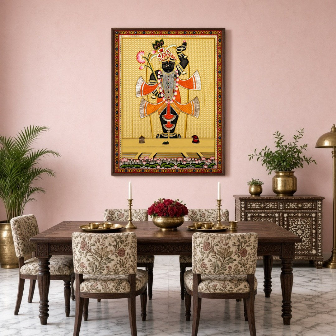 Capture the divine elegance of Shrinathji in this exquisite Pichwai painting, adorned with an array for Dining