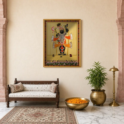 Capture the divine elegance of Shrinathji in this exquisite Pichwai painting, adorned with an array for Entrance