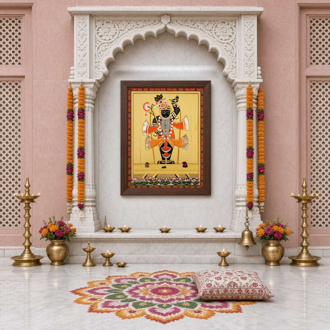 Capture the divine elegance of Shrinathji in this exquisite Pichwai painting, adorned with an array for Home Temple