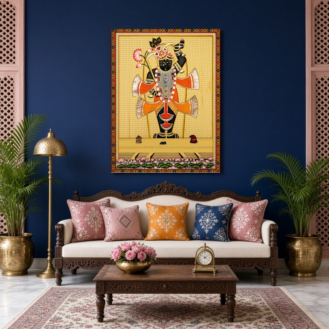 Capture the divine elegance of Shrinathji in this exquisite Pichwai painting, adorned with an array for Living Room