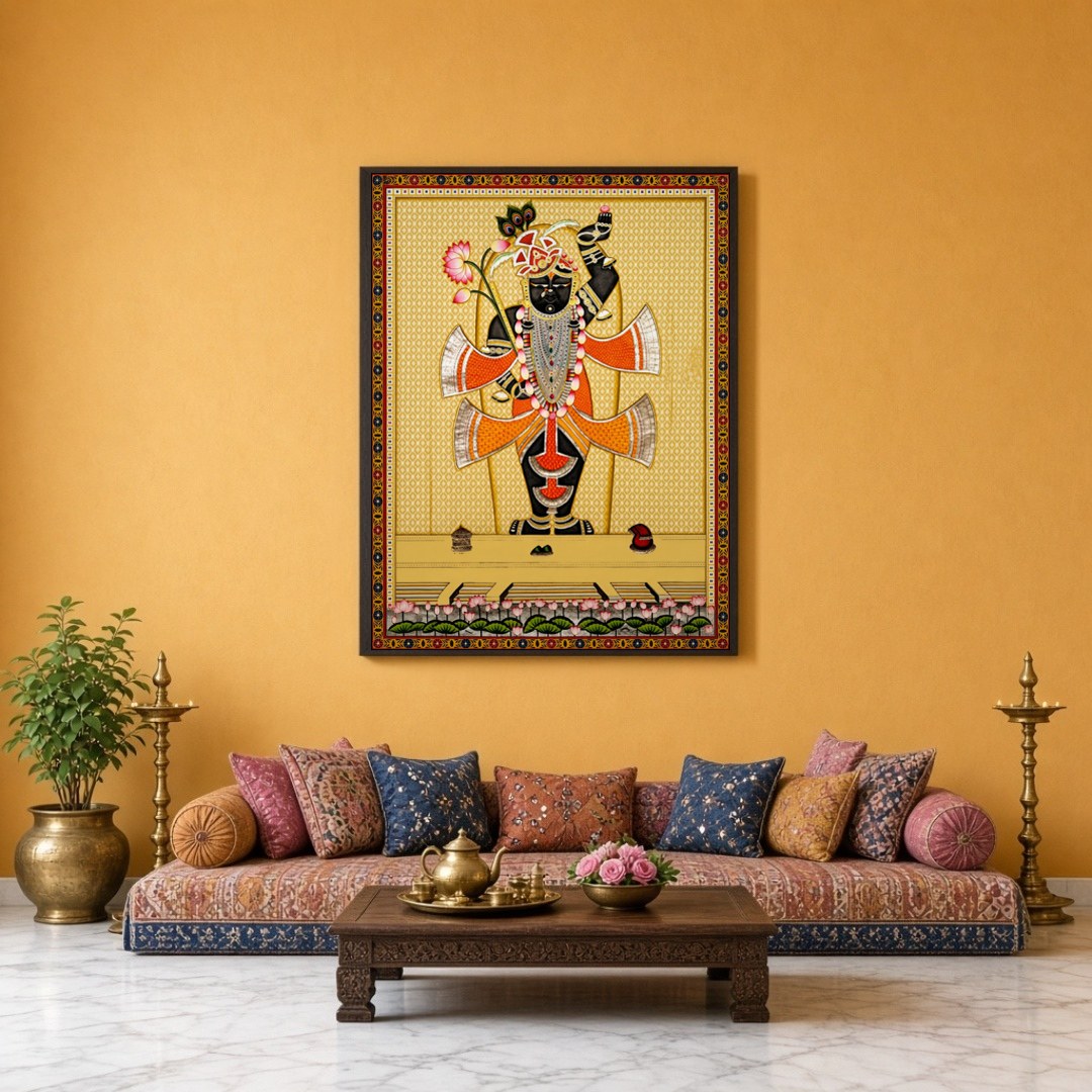 Capture the divine elegance of Shrinathji in this exquisite Pichwai painting, adorned with an array for Sitting Lounge