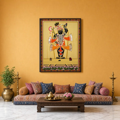 Capture the divine elegance of Shrinathji in this exquisite Pichwai painting, adorned with an array for Sitting Lounge