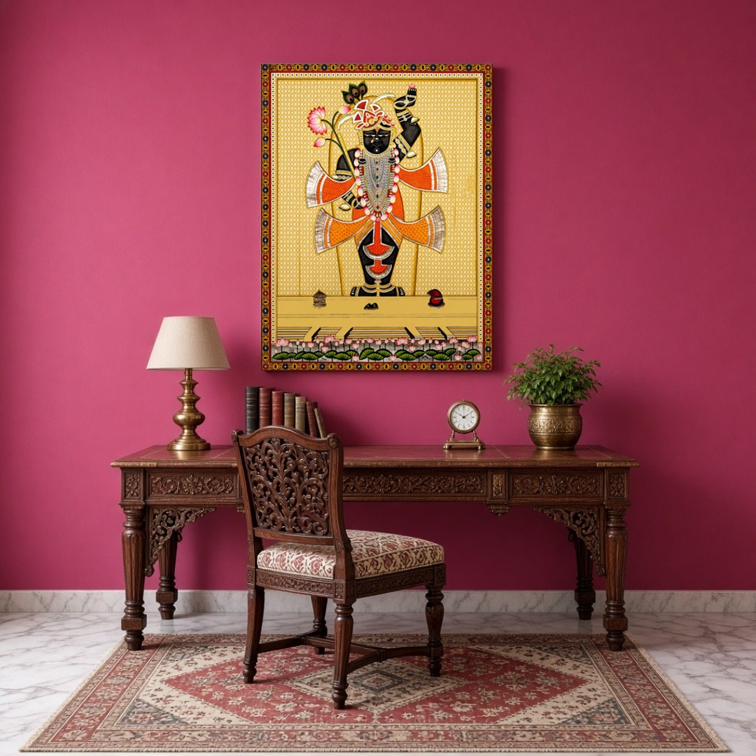 Capture the divine elegance of Shrinathji in this exquisite Pichwai painting, adorned with an array for Study