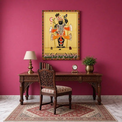 Capture the divine elegance of Shrinathji in this exquisite Pichwai painting, adorned with an array for Study
