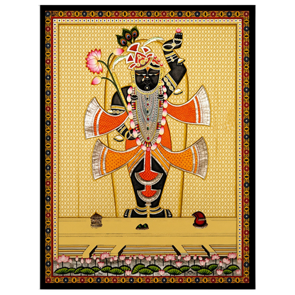 Capture the divine elegance of Shrinathji in this exquisite Pichwai painting, adorned with an array for sweet-home