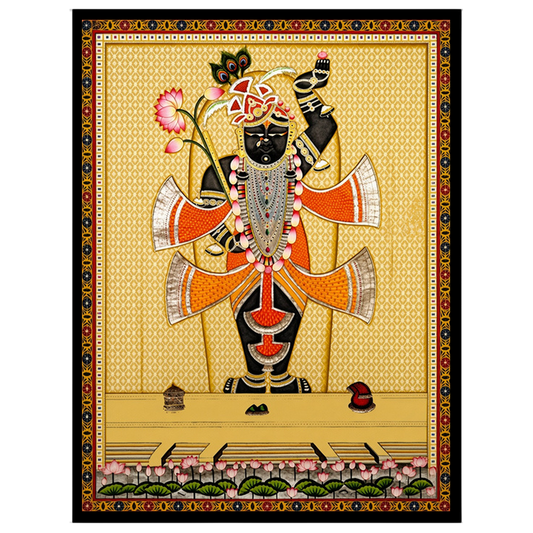 Capture the divine elegance of Shrinathji in this exquisite Pichwai painting, adorned with an array for sweet-home