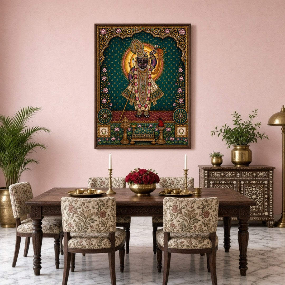 Immerse yourself in the radiant beauty of Shrinathji, exquisitely captured in this Pichwai artwork. for Dining