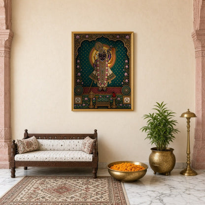 Immerse yourself in the radiant beauty of Shrinathji, exquisitely captured in this Pichwai artwork. for Entrance