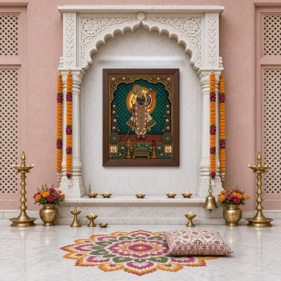 Immerse yourself in the radiant beauty of Shrinathji, exquisitely captured in this Pichwai artwork. for Home Temple