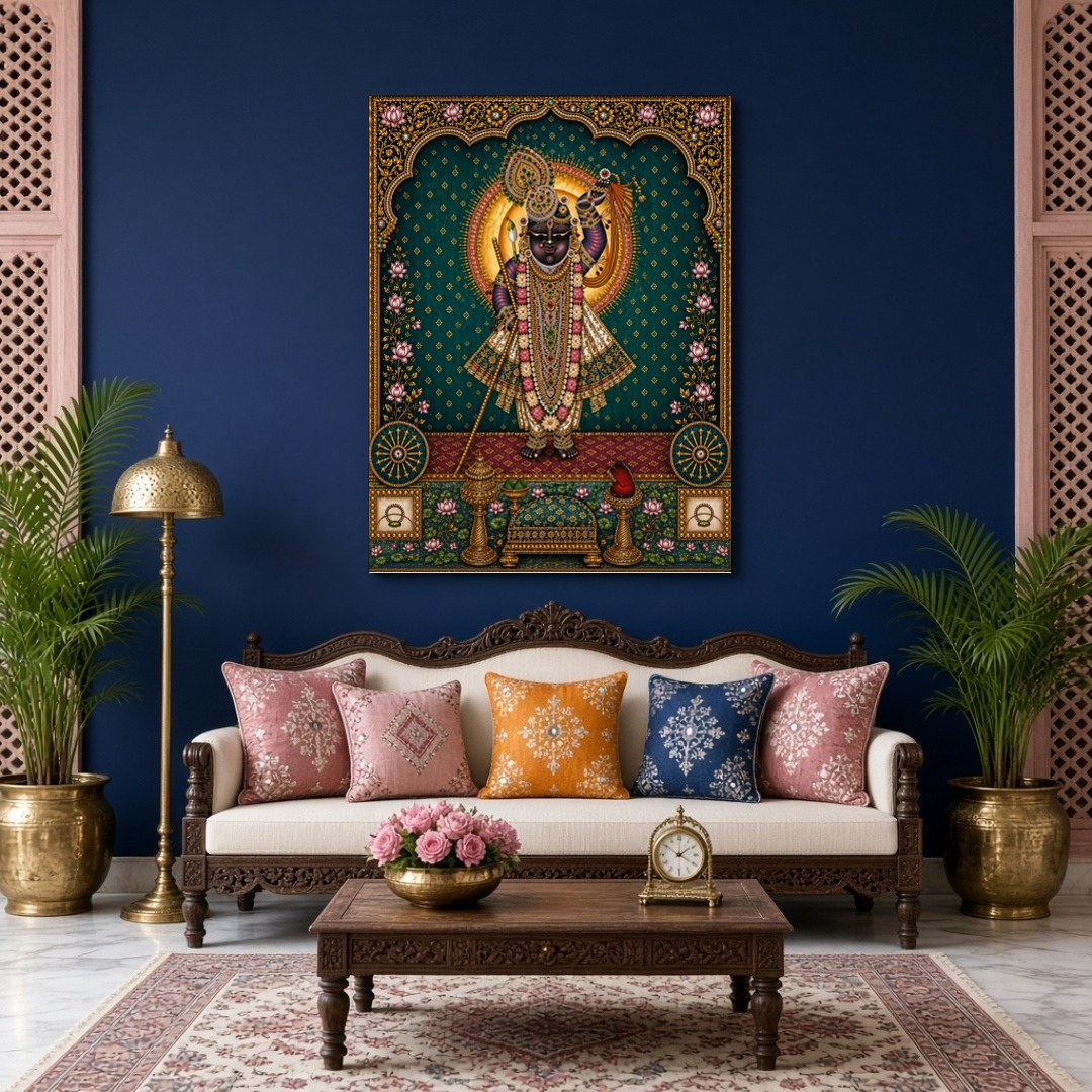 Immerse yourself in the radiant beauty of Shrinathji, exquisitely captured in this Pichwai artwork. for Living Room