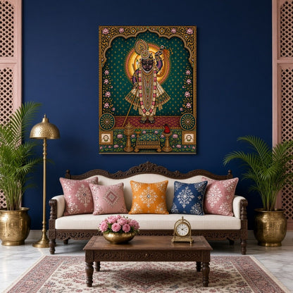 Immerse yourself in the radiant beauty of Shrinathji, exquisitely captured in this Pichwai artwork. for Living Room