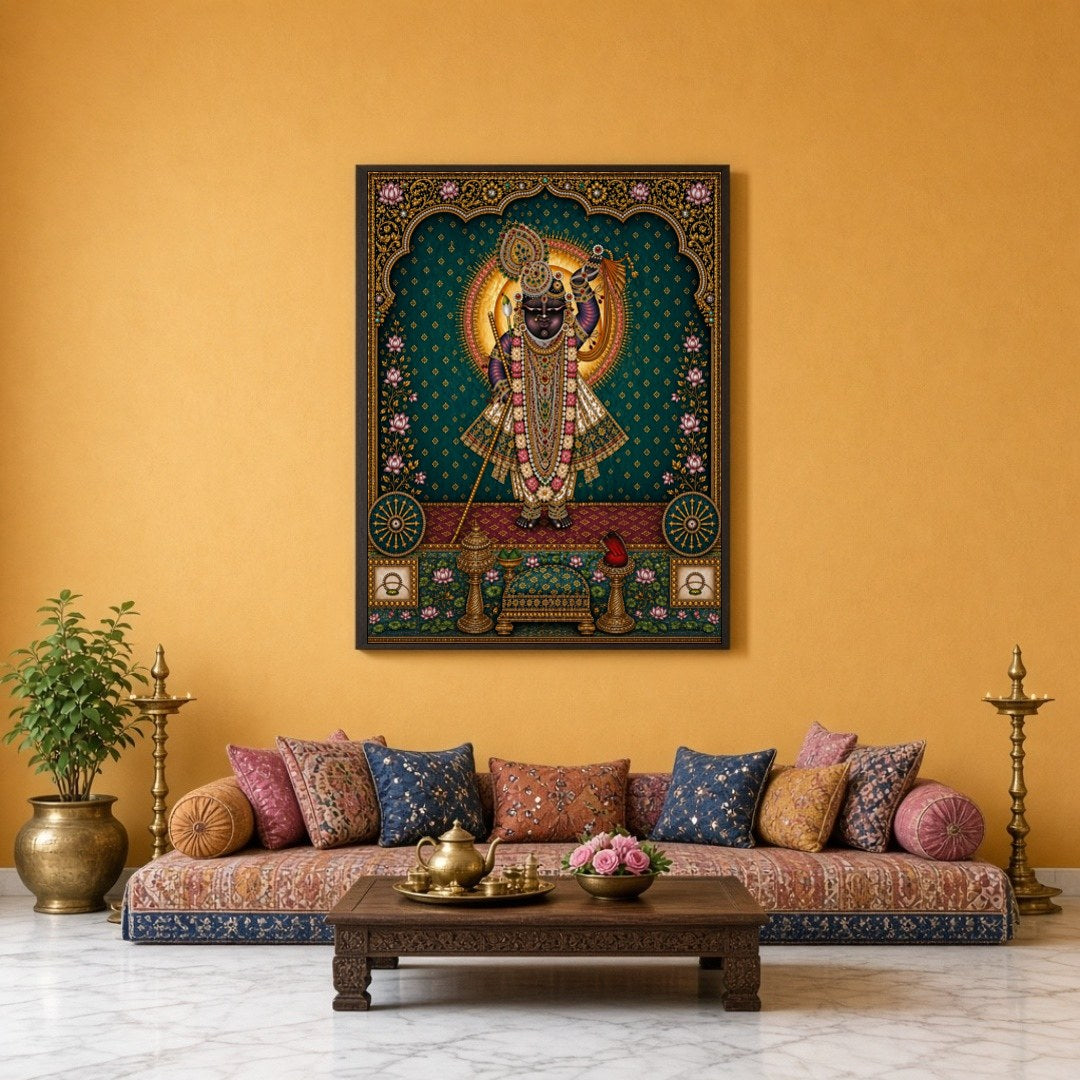 Immerse yourself in the radiant beauty of Shrinathji, exquisitely captured in this Pichwai artwork. for Sitting Lounge