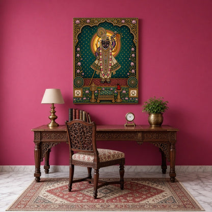 Immerse yourself in the radiant beauty of Shrinathji, exquisitely captured in this Pichwai artwork. for Study