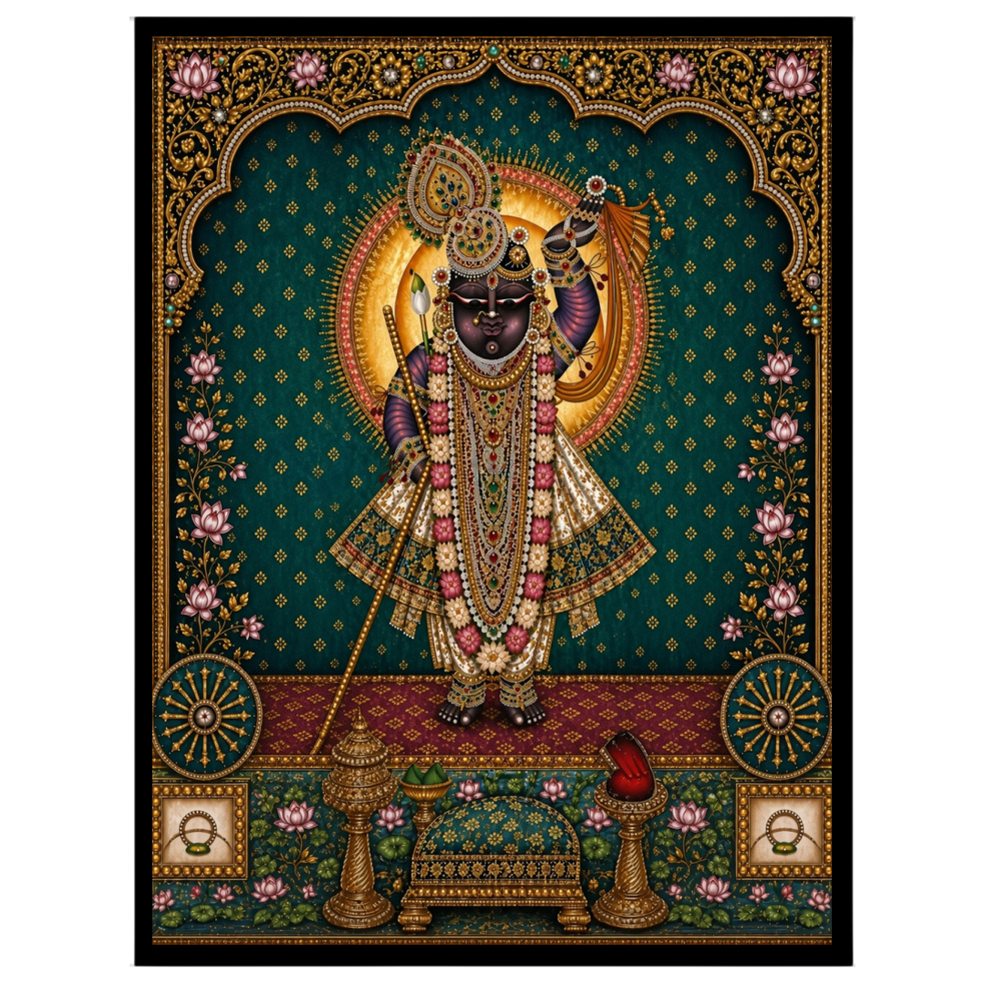 Immerse yourself in the radiant beauty of Shrinathji, exquisitely captured in this Pichwai artwork. for sweet-home