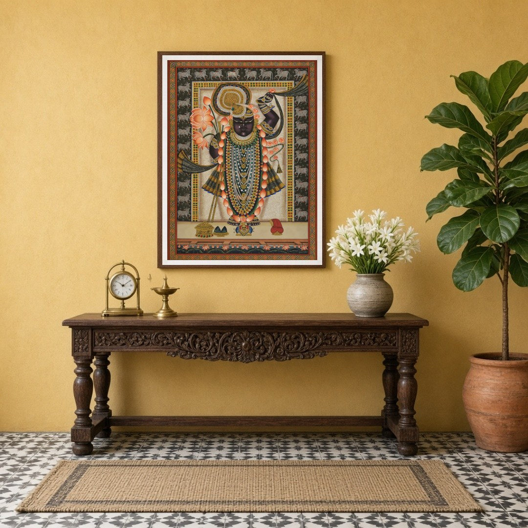 Celebrate the captivating grace of Shrinathji in this mesmerizing Pichwai artwork. Adorned with a for Entrance