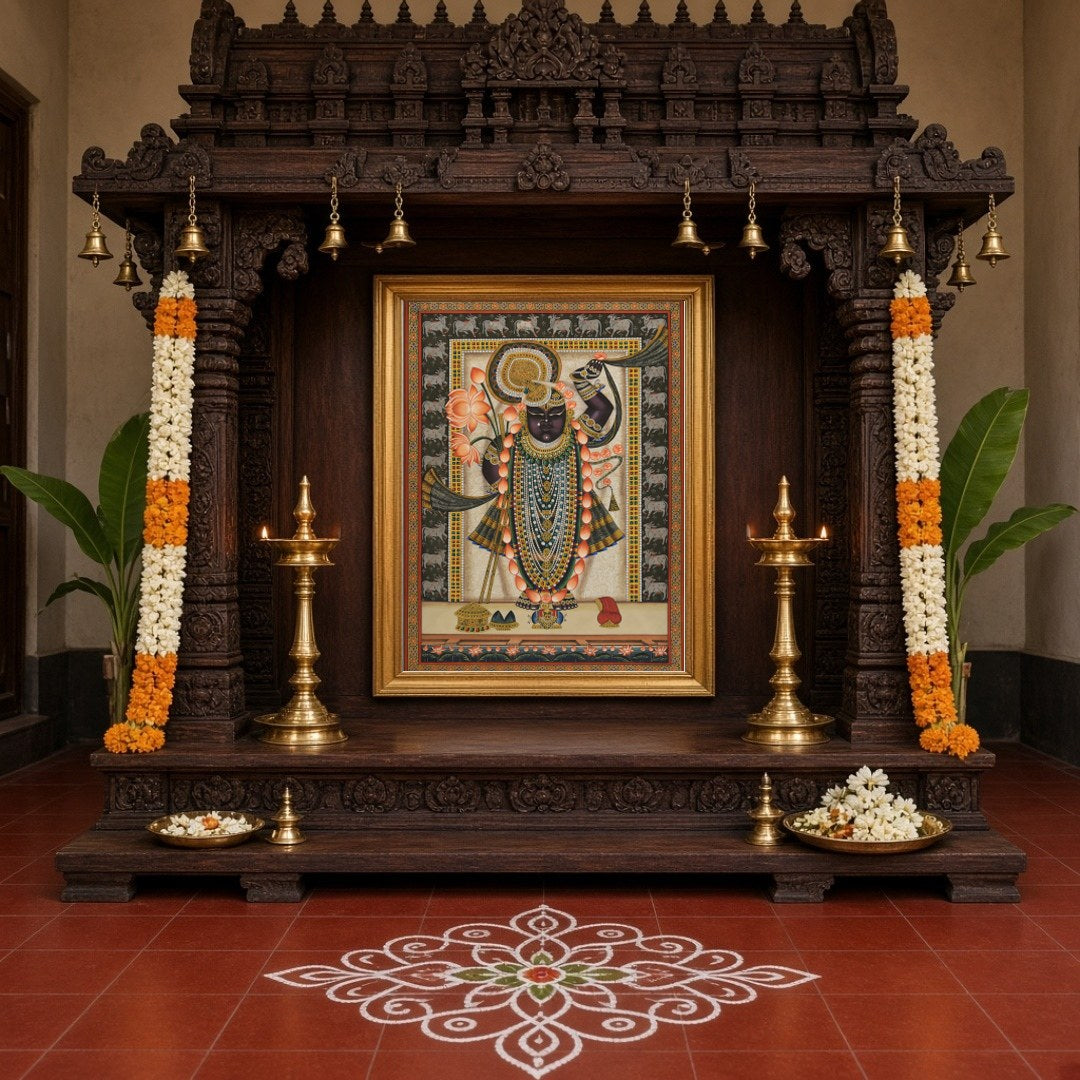 Celebrate the captivating grace of Shrinathji in this mesmerizing Pichwai artwork. Adorned with a for Home Temple