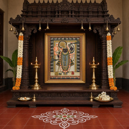 Celebrate the captivating grace of Shrinathji in this mesmerizing Pichwai artwork. Adorned with a for Home Temple