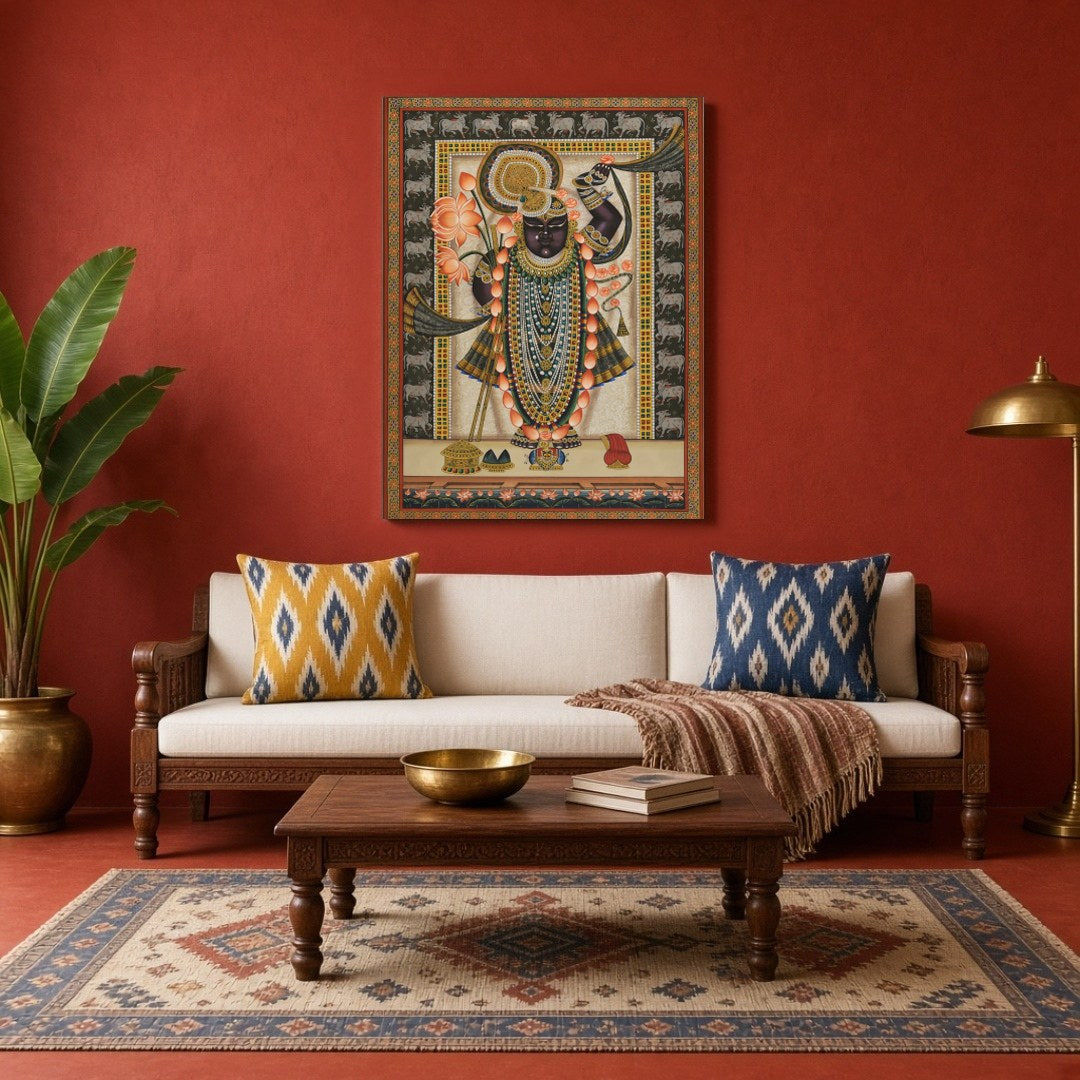 Celebrate the captivating grace of Shrinathji in this mesmerizing Pichwai artwork. Adorned with a for Living Room