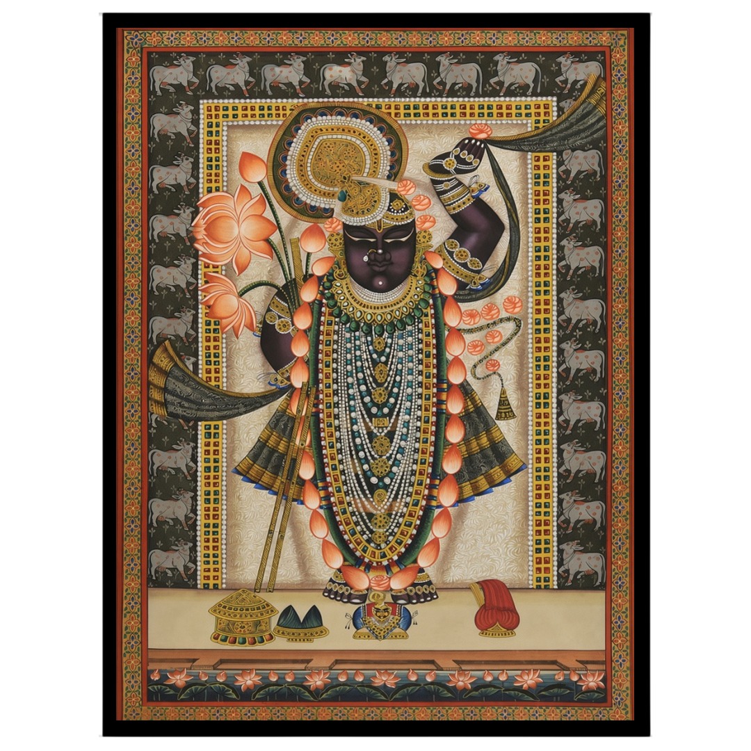 Celebrate the captivating grace of Shrinathji in this mesmerizing Pichwai artwork. Adorned with a for room