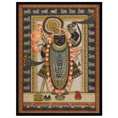 Celebrate the captivating grace of Shrinathji in this mesmerizing Pichwai artwork. Adorned with a for room