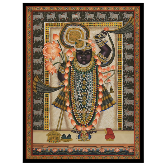 Celebrate the captivating grace of Shrinathji in this mesmerizing Pichwai artwork. Adorned with a for room