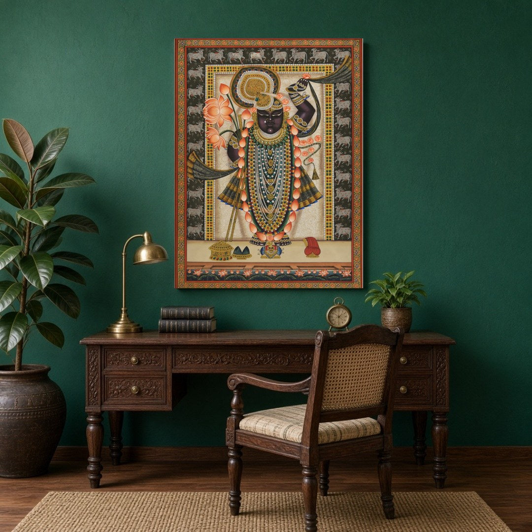Celebrate the captivating grace of Shrinathji in this mesmerizing Pichwai artwork. Adorned with a for Study