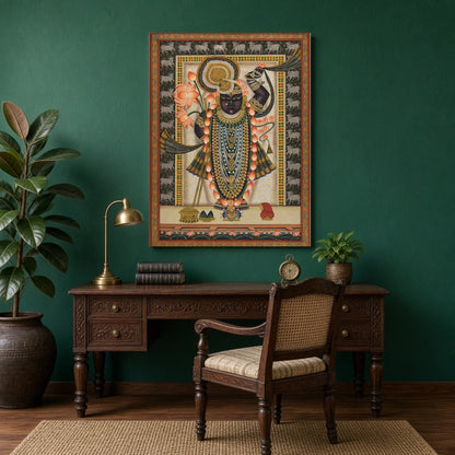Celebrate the captivating grace of Shrinathji in this mesmerizing Pichwai artwork. Adorned with a for Study