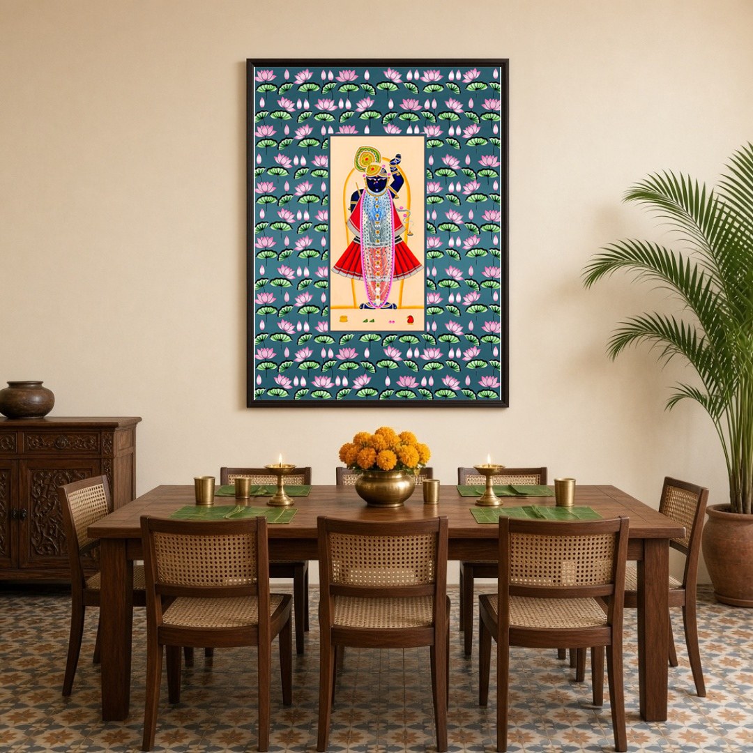 Immerse yourself in the divine elegance of Shrinathji, exquisitely captured in this vibrant Pichwai for Dining
