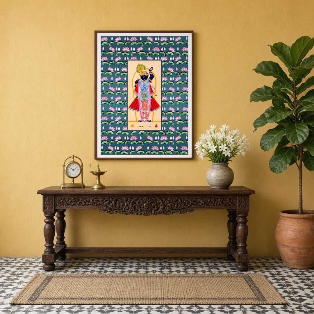 Immerse yourself in the divine elegance of Shrinathji, exquisitely captured in this vibrant Pichwai for Entrance