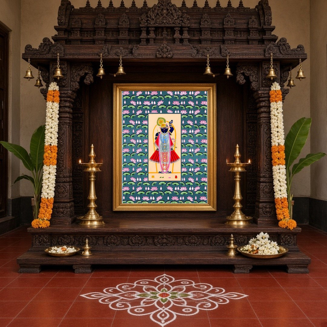 Immerse yourself in the divine elegance of Shrinathji, exquisitely captured in this vibrant Pichwai for Home Temple