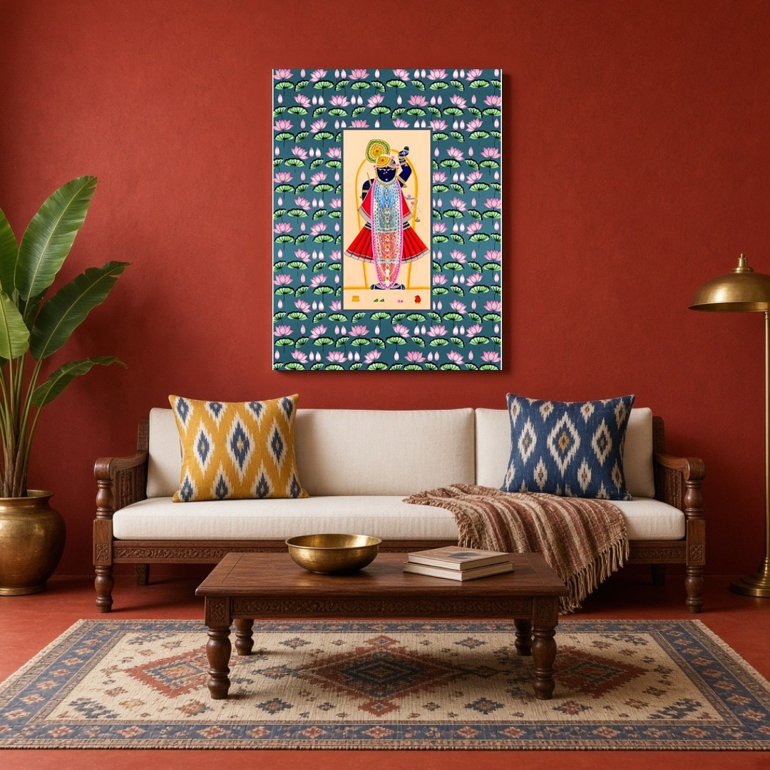 Immerse yourself in the divine elegance of Shrinathji, exquisitely captured in this vibrant Pichwai for Living Room