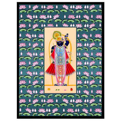 Immerse yourself in the divine elegance of Shrinathji, exquisitely captured in this vibrant Pichwai for place
