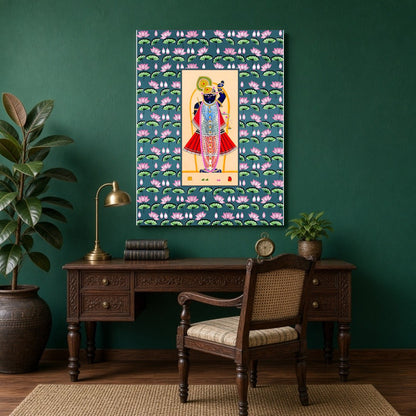 Immerse yourself in the divine elegance of Shrinathji, exquisitely captured in this vibrant Pichwai for Study