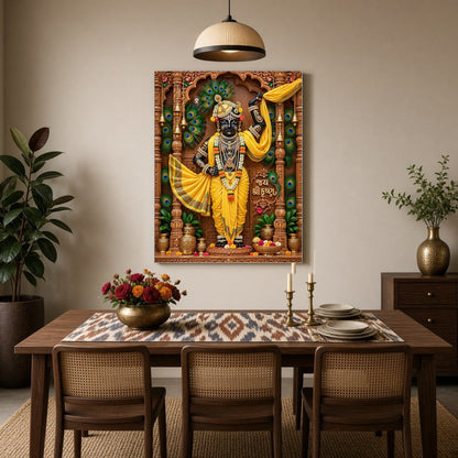 Experience the divine grace of Shrinathji depicted in this exquisite Pichwai artwork. The intricate for Dining